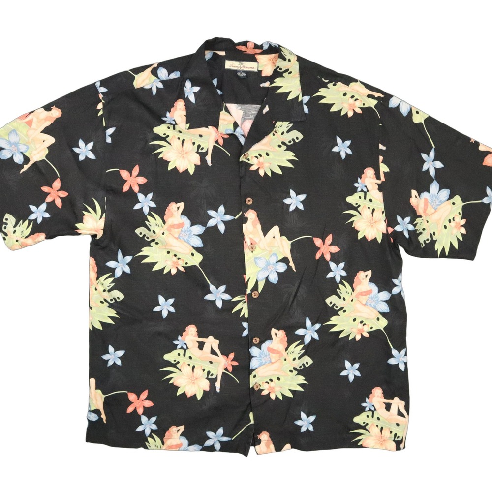 Tommy Bahama Silk Camp Shirt Mens XL Black Pin Up Girl Hawaiian Tropical Floral